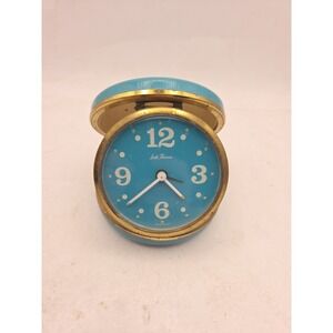 Vintage Seth Thomas Travel Alarm Clock Turquoise Leather Case Clamshell
